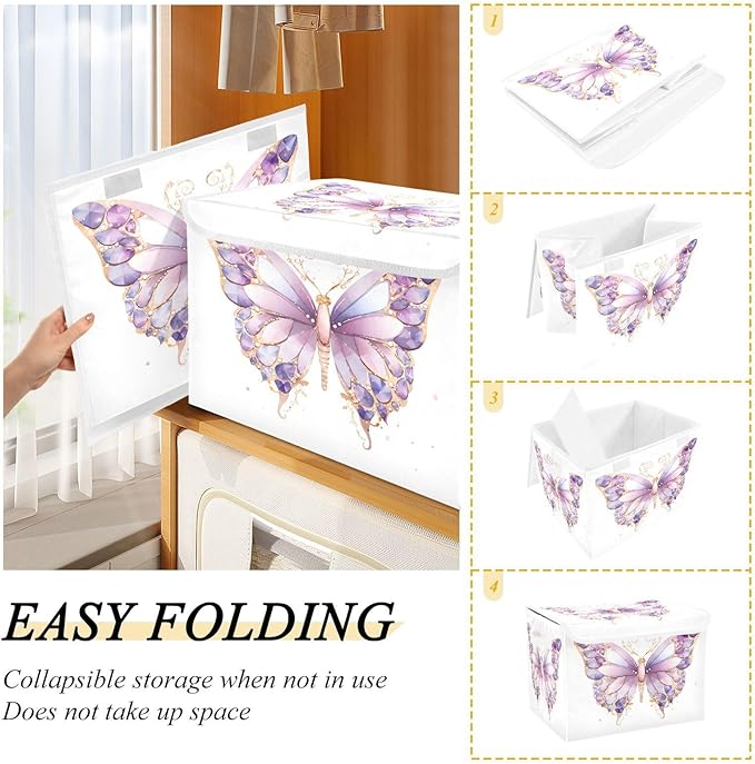 MNSRUU Containers Baskets with Lids Dreamy Purple Butterfly Foldable Storage Bins Organizer with Lid Collapsible Storage Boxes for Home Bedroom Closet Office