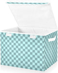 Grey Blue Checkerboard Storage Baskets Lidded Bin Foldable Storage Boxes Cubes Lids with 2 Handles for Organizing Closet Home Office