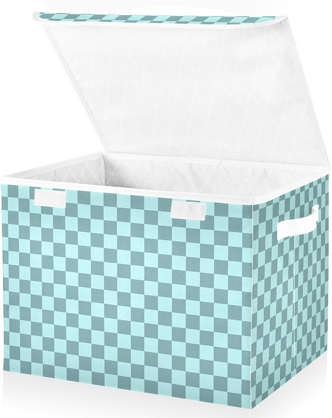 Grey Blue Checkerboard Storage Baskets Lidded Bin Foldable Storage Boxes Cubes Lids with 2 Handles for Organizing Closet Home Office