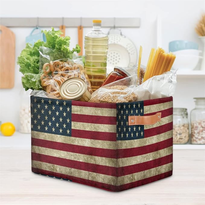 Pardick Storage Basket American USA Flag Large Foldable Organizer Storage Bins for Shelves Sturdy Canvas Cubes Storage Boxes with Handles for Toys Closet Nursery Office Living Room 15 x 11 x 9.5