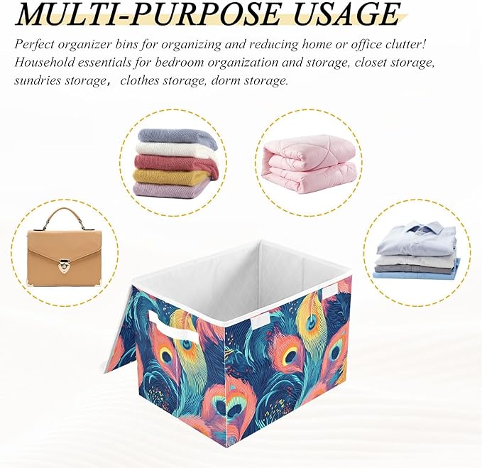 Storage Cube with Lid Pattern Feather Print 16.5×12.6×11.8 IN Collapsible Large Capacity Foldable Storage Basket Bin Organizer