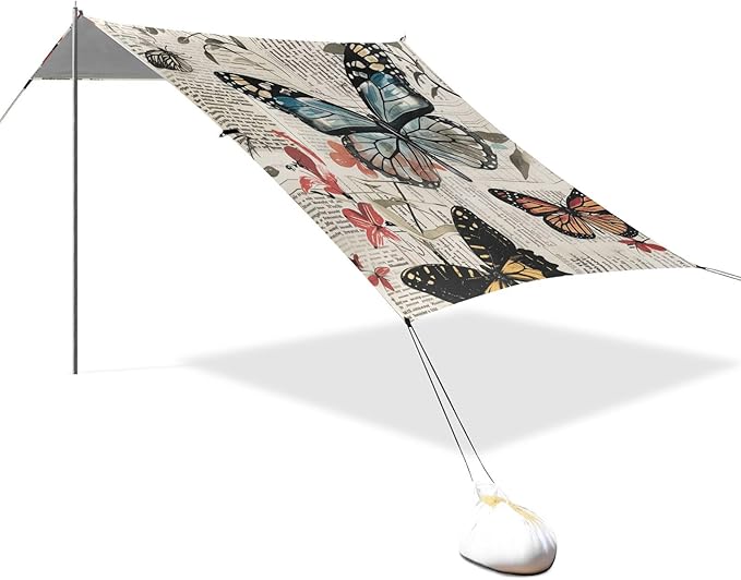 ALAZA Vintage Newspaper Butterfly Floral Beach Tent Sun Shelter Portable Canopy Sunshade for Outdoor Camping Picnics Backyard Fun 10x9 ft