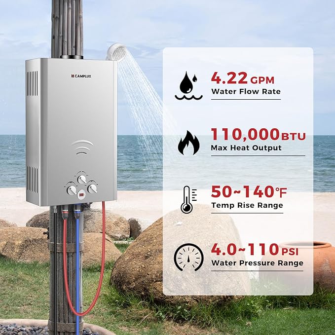 CAMPLUX Tankless Water Heater 4.22 GPM Propane Water Heater Gas 110000 BTU Outdoor Camping Water Heater Propane Shower Gray