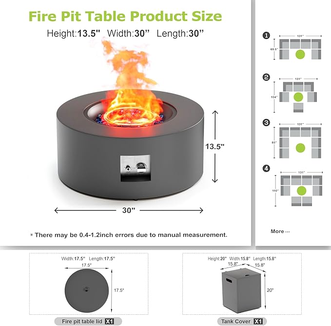 2-Piece 30 Round Propane Fire Pit for Outside Patio with Hidden Tank Table 50000 BTU Fireplaces with Lid Glass Rocks Cover(Dark Grey)
