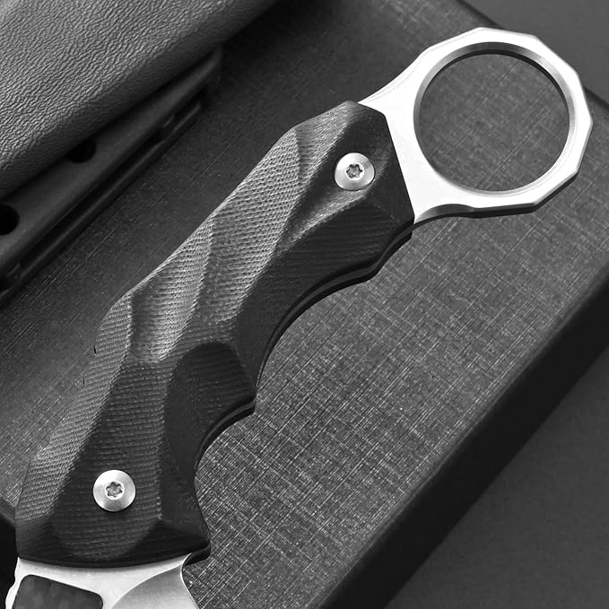 Ccanku C1692 Carbon Fiber Fixed Blade KnifeD2 Steel G10 Handle 4 Inches Camping EDC Tools Survival Claw Teeth Knife with Kydex Sheaths(Silver) … …