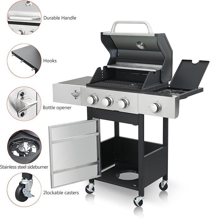 BBQ Grill 3-Burner Propane Gas Grill with Side Burner 37230 BTU Output Enameled Cast Iron Cooking Grids &amp Stainless Steel Front Door for Outdoor BBQ Camping and Family Gatherings