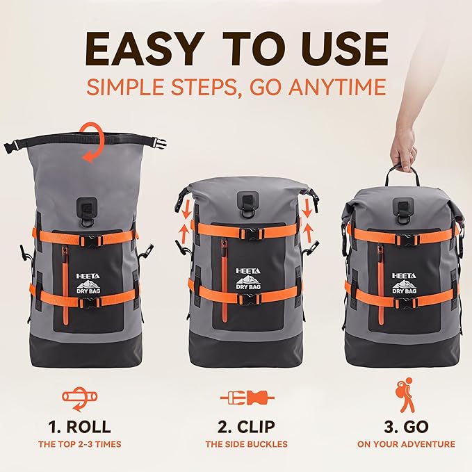 HEETA Dry Bags Waterproof Backpack 40L for Men &amp Women Roll Top Heavy Duty Cushioned Hiking Backpack for Kayaking Boating Paddle Boarding Fishing Travel Camping Beach Vacation Cruise Ship Essenti