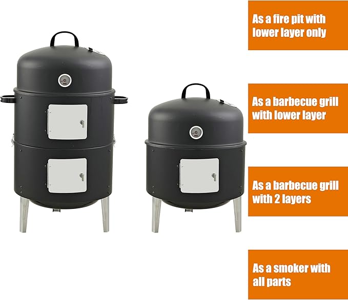 16 BBQ Smoker Grill Built in Thermometer Air Vent and Two more biger Access Doors Multi-Layer Meat Smoker Grill with 3 Heat-resistant Handles Ideal for Outdoor Cooking Camping BBQ
