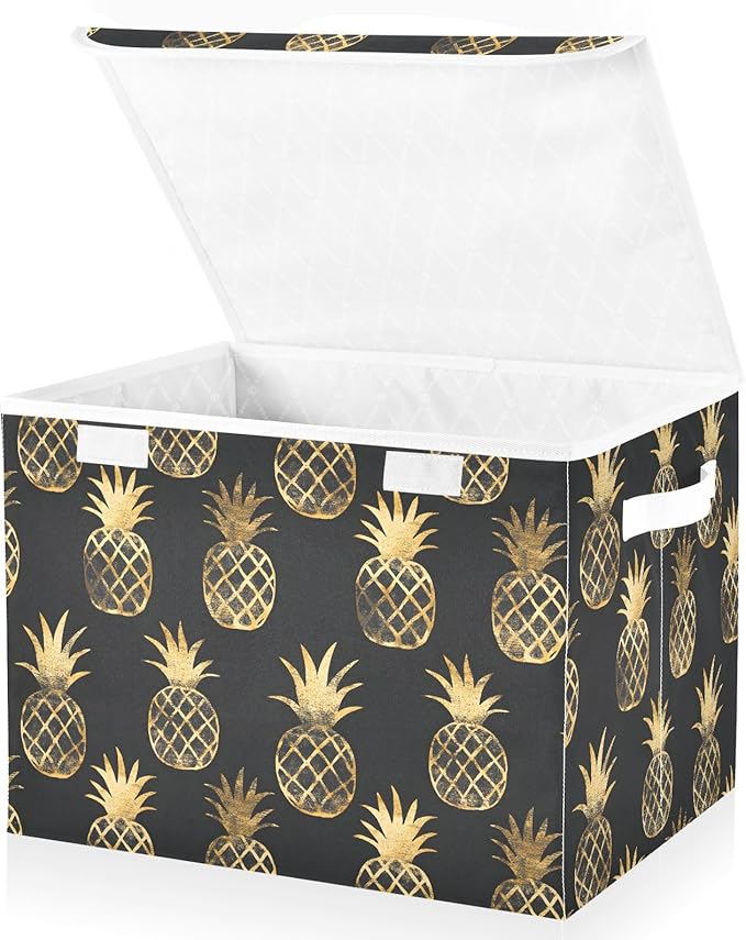 Storage Cube with Lid Golden Pineapple Print 16.5×12.6×11.8 IN 1 Pack Collapsible Large Capacity Foldable Storage Basket Bin Organizer