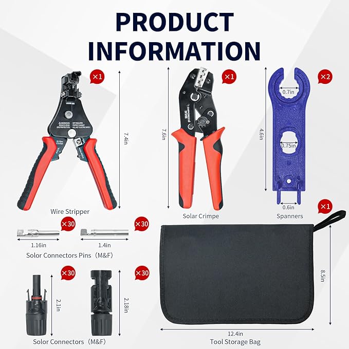 60PCS Solar Connector Crimping Tool Kit for Connecting Solar Panel Cable Wire with 30 Pairs MC4 Connectors AWG13-10 Crimper and Stripper2pcs Spanner WrenchSolar Panel Connectors in the bag.