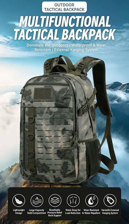 LINGYUE Tactical Backpack Waterproof Hiking Bagpack 30L Large Capacity Outdoor Daypack With MOLLE System For Camping Trekking Travel(F)