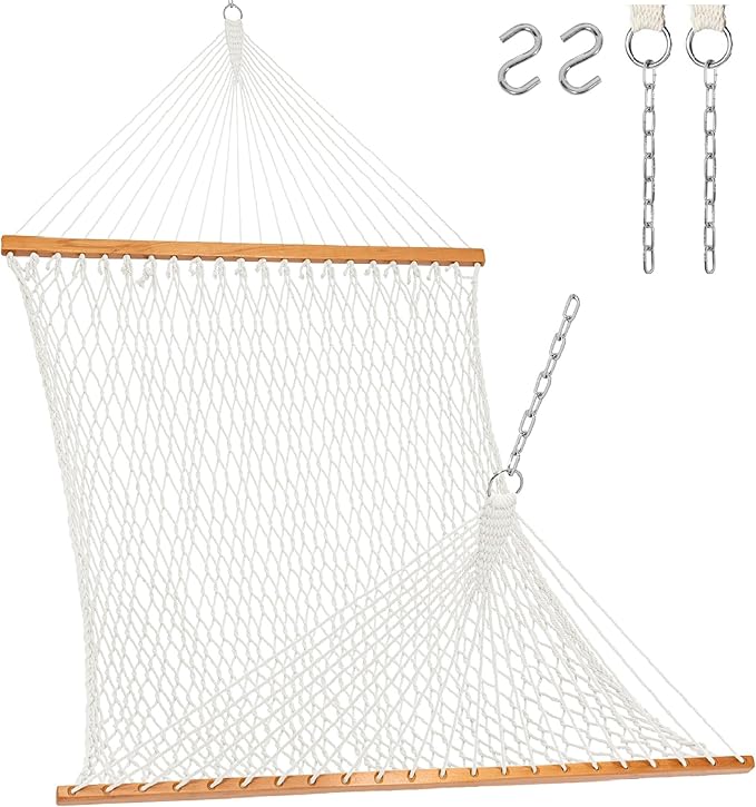 Lazy Daze Hammocks 12FT Double Rope Hammocks 2 Person Hand Woven Cotton Hammock with Spreader Bar for Outside Patio Poolside FIT 13-15 FT Stand Max 450 Lbs Natural 141 x 57 inches