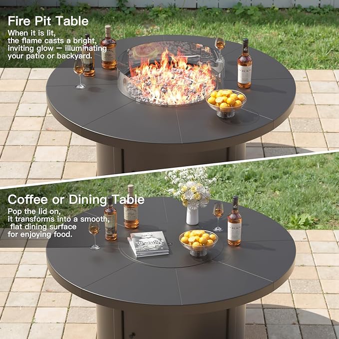Kurapika Propane Round Fire Pit Table 48in 40000 BTU Auto-Ignition Round Gas Fire Pits CSA Certification Wider Desktop Round Fire Tables with Windshield White Stone and Lid for Outside Patio