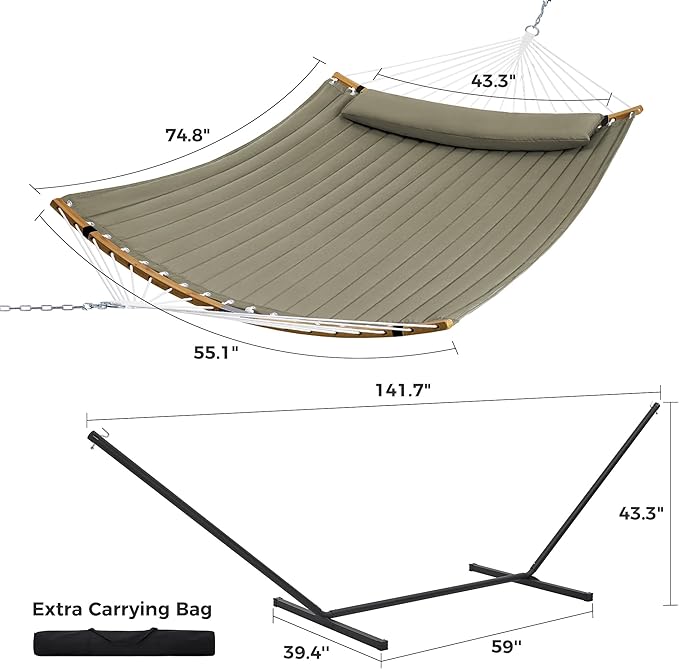 SUPERJARE Curved-Bar Hammock with Stand 2 Person Heavy Duty Hammock Frame Detachable Pillow &amp Portable Carrying Bag Perfect for Outdoor &amp Indoor Olive Gray