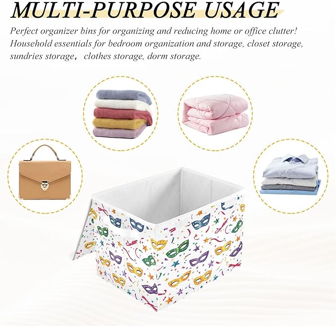 Doodle Mardi Gras Mask Pattern Foldable Storage Baskets Fabric Boxes with Handle Organizers with Flip-Top Lids Storage Bins for Home Bedroom Office
