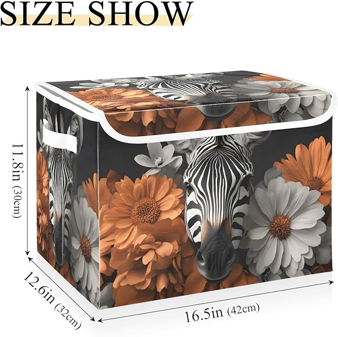 AIXIWAWA Lidded Storage Cube (Zebra Floral) Fabric Foldable Closet Bins with Flip Lid and Handles Organizer Basket Container 16.5 x 12.6 x 11.8 IN