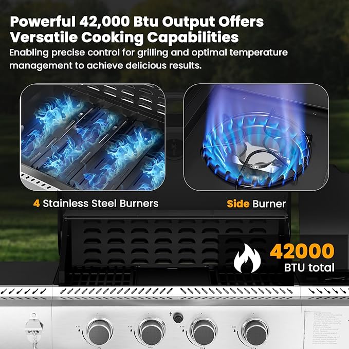 Electactic G41 Gas Grill4-Burner Gas BBQ Grill with Side Burner Porcelain-Enameled Grills 42000 BTU Stainless Steel Propane Grill for Outdoor Cooking and Patio Barbecues