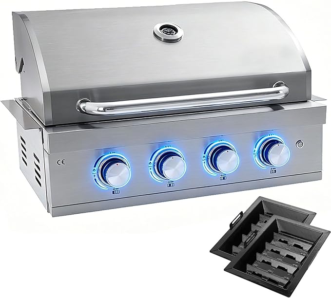 28-inch Built-in Gas Grill4 Burner Propane Grill with Rear Burner 48400 BTU Built-in BBQ Grill Stainless Steel Charcoal and Propane Gas Dual Fuel for Outdoor Kitchen Island