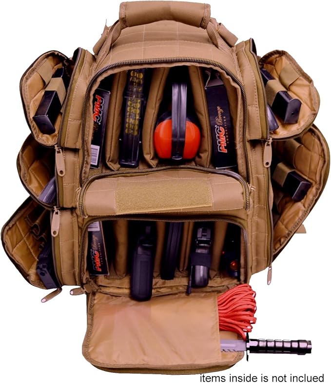 Backpack + Range Bag with Large Padded Deluxe Tactical Divider and 9 Clip Mag Holder - Rangemaster Gear Bag Explorer Tan