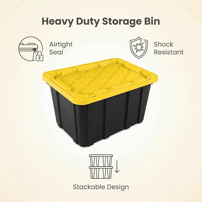 6-Pack 27-Gallon Heavy Duty Storage Bins Stackable Plastic Container with Snap Lid Organizer Tote for Garage Attic Closet Basement Truck Bed - Black and Yellow