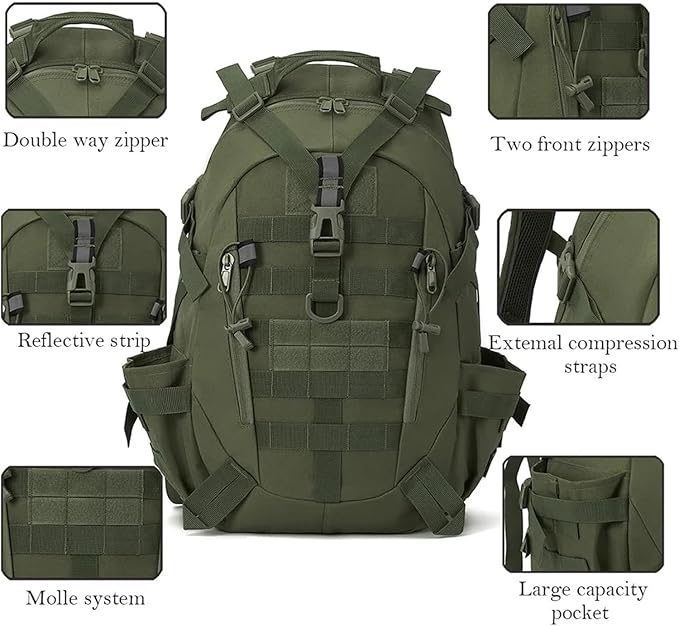 40L Tactical BackpackCompatible for Men Camping Hiking Backpacks Reflective Outdoor Travel Bags Survival(Army Green)