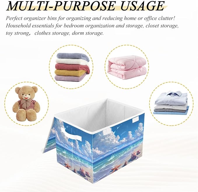 Kigai Beach Shells Foldable Storage Bin Cube Organizer Basket with Flip-Top Lid Clothes Blanket Box for Home Office Closet