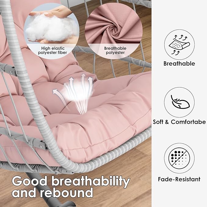 Hanging Egg Chair with Stand - Pink Swing Egg Chairs Wicker Rattan Hammock Chairs for Indoor Outdoor Bedroom Garden - Aluminum Steel Frame and UV Resistant Cushion 350LBS Capacity for Kids Adults