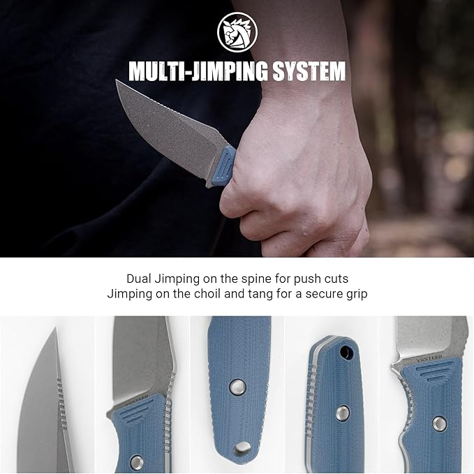 Vosteed H-Back EDC Fixed Blade Knife - 2.92 Nitro-V Blade with Sheath Stonewash - Blue G10 Handle with S.O.A.R. Clip for Hunting Survival Knives - D0405