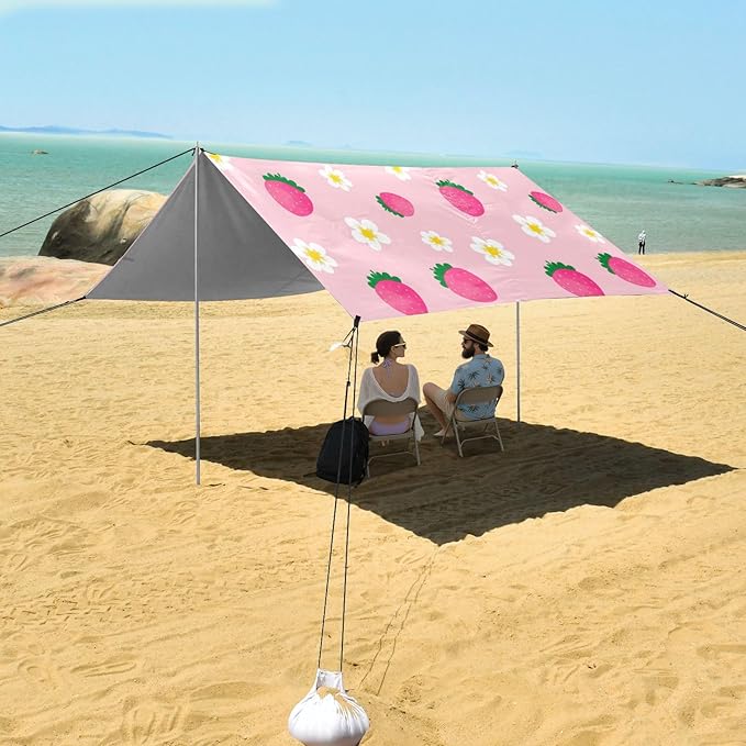 xigua Strawberries Beach Tent Sun Shelter with Carrying Bag - Silver Coated Oxford Fabric Beach Canopy for Beach Camping Fishing - Includes Windproof Ropes Sandbags &amp Stakes