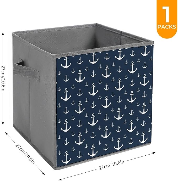 Collapsible Cube Storage Organizer with Handles Nautical Anchor Foldable Fabric Bin for Shelves Perfect for Closet Bathroom Kids' Room &amp Nursery