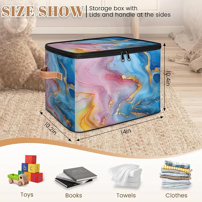 Storage Bins with Lids Attractive Marble Pattern Storage Basket Clothes Organizer with Handles Closet Storage Containers for Clothing Bedding Blanket