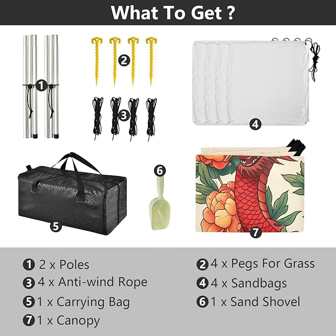 xigua Dragon Pattern Beach Tent Sun Shelter with Carrying Bag - Silver Coated Oxford Fabric Beach Canopy for Beach Camping Fishing - Includes Windproof Ropes Sandbags &amp Stakes