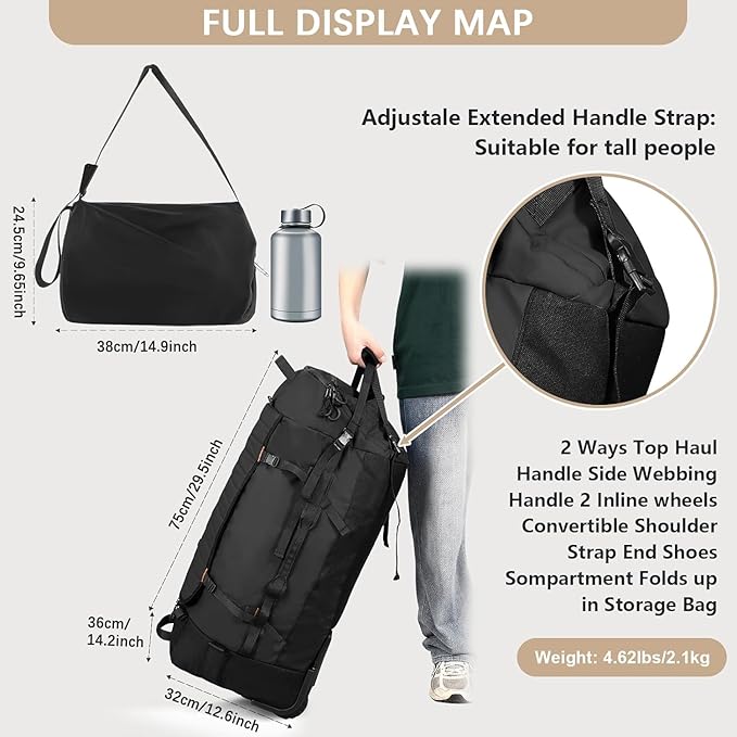 Rolling Duffle Bag with Wheels86L 30”Carry on Luggage with WheelsFolding Travel BagDuffle Backpack with Separate Shoe Compartment (black)