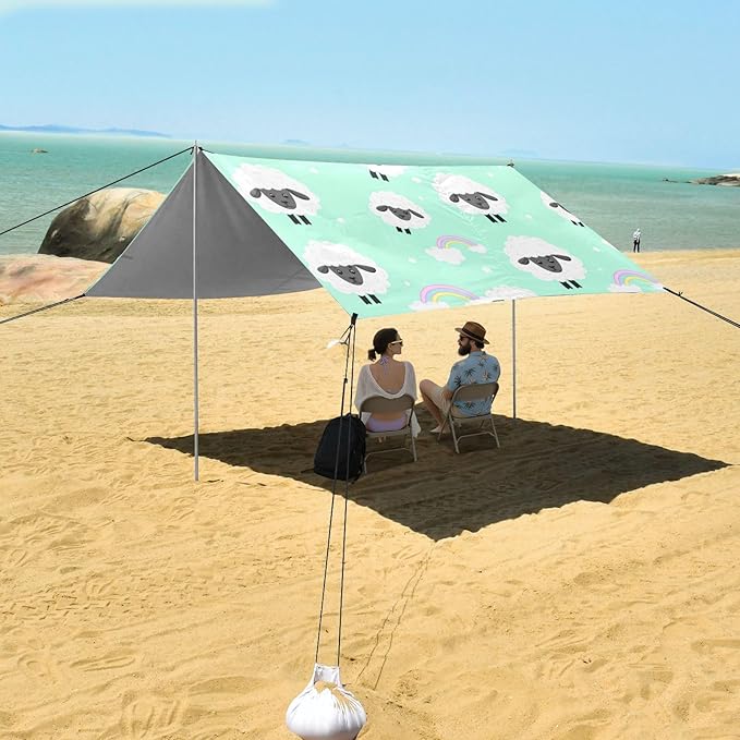 Beach Canopy with Windproof Ropes &amp Sandbags Beach Tent Sun Shade Sun Shelter for Camping Trips Fishing Backyard Fun or Picnics Sheep