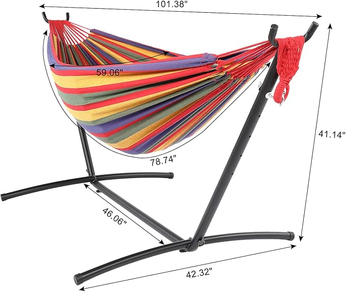 Black Steel Pipe Hammock Frame with 200X150cm Polyester Cotton Hammock Four Red Strip Natural Rope Iron Hammock Set