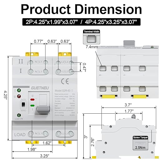 ATS Dual Power Automatic Transfer Switch 2P 63A 220V Manual Transfer SwitchUninterruptible Millisecond-Level ATS 50/60 Hz White CE