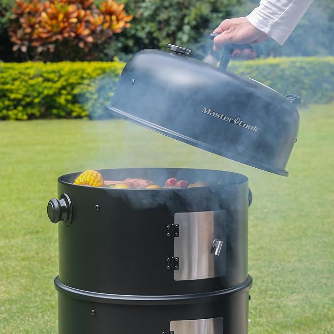 MASTER COOK 16 inch Charcoal Smoker Vertical BBQ Grill Heavy Duty 4 In 1 Fire Pit with built-in Thermometer &amp Adjustable Vent System for Backyard Patio Camping