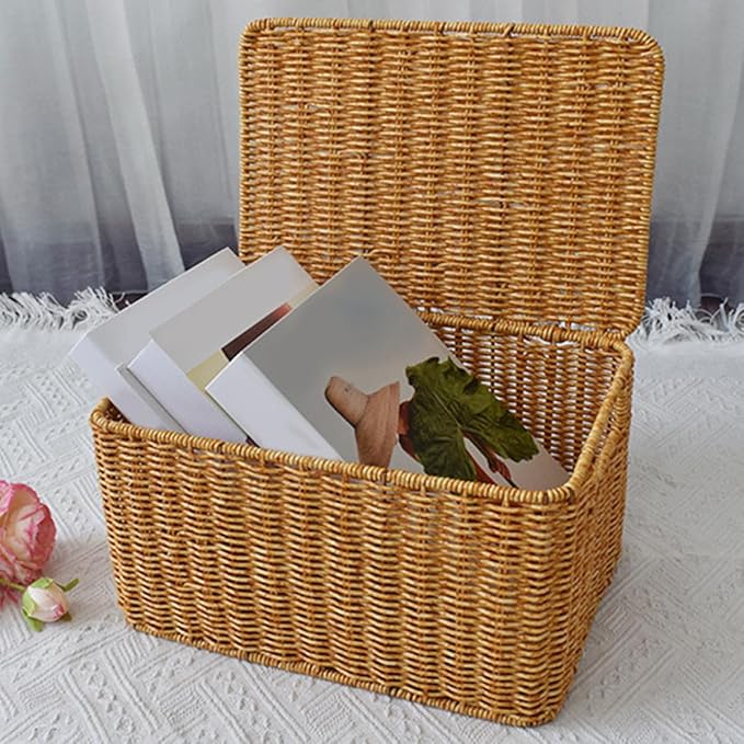 Lurrose Decorative Small Lidded Storage Basket Imitation Rattan Woven Container with Lid Large-capacity Closet Organizer Bin for Bedroom and Outdoor Use