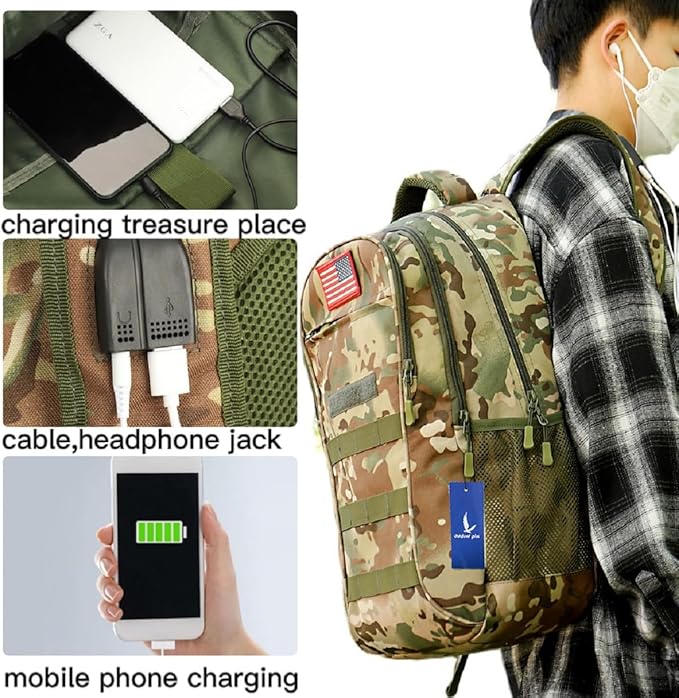 outdoor plus Camo BackpackMilitary Boys Backpacks for School40L Army Bookbag with USB Charging Port Waterproof