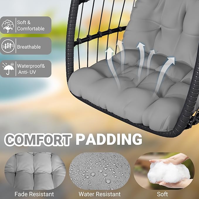 CHABATREE Egg Chair with StandPatio Rattan Wicker Hanging Swing Egg Chair Hammock Chair for Bedroom Porch GardenThickened Aluminum Alloy Steel Frame and UV Resistant Cushion350LBS Capacity