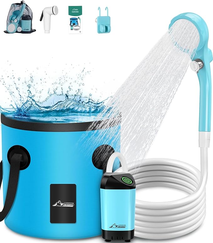 WADEO Portable Shower for Camping Outdoor Electric Shower Rechargeable Pump with 20L Collapsible Bucket Camping Shower Head Nozzle for Camping Hiking Traveling Washing