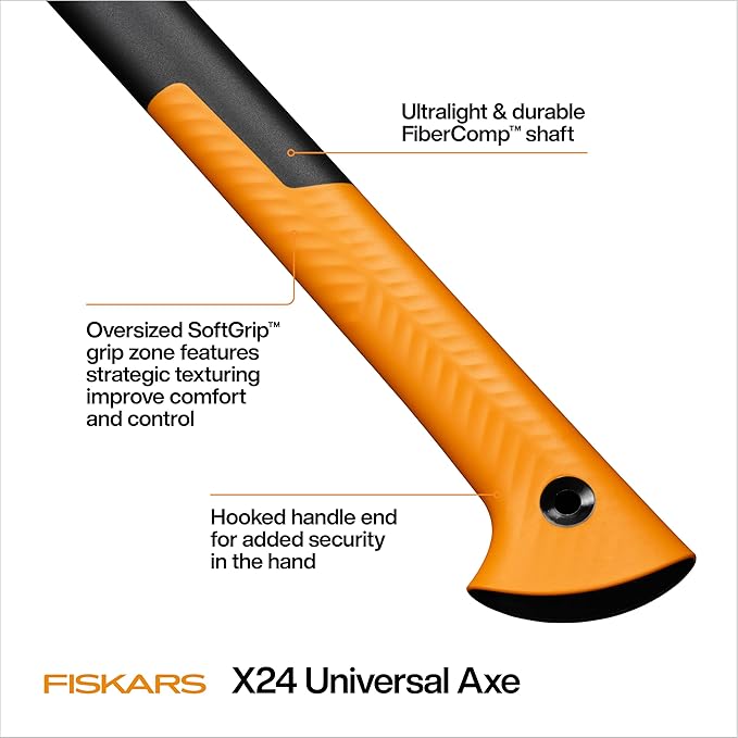 Fiskars X24 Universal Axe 24 Forged Steel Blade for Felling Trees &amp All-Purpose Chopping Shock-Absorbing FiberComp Handle &amp Low-Friction Coating for Clean Cuts in Fresh Resinous Wood