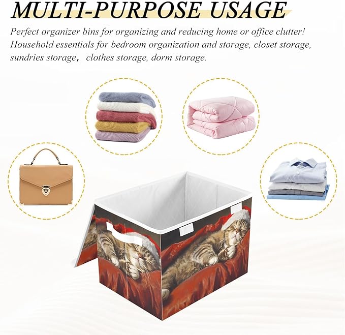 Storage Cube with Lid Sleeping Christmas Cat Print 16.5×12.6×11.8 IN Collapsible Large Capacity Foldable Storage Basket Bin Organizer