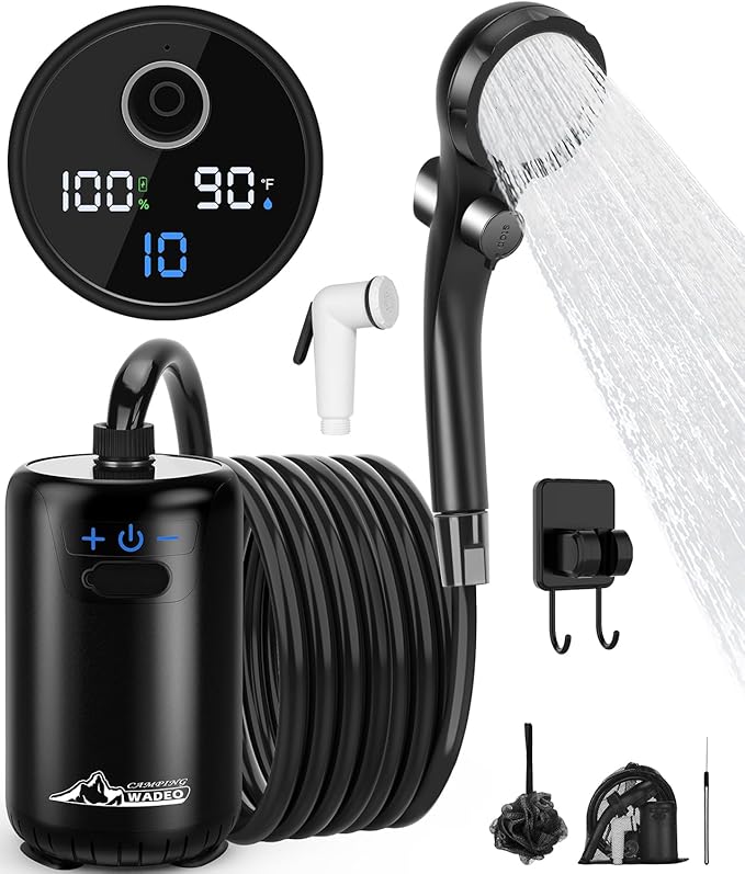 2026 Upgraded Portable Shower for Camping 8000mAh Rechargeable Camping Shower with Fahrenheit Display 10 Gear Switching IPX8 Waterproof Ideal for Outdoor Camping Travel Car Washing Pet Bathing