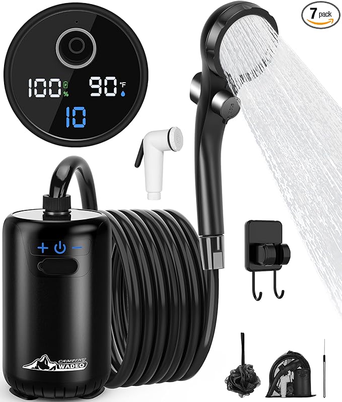 2026 Upgraded Portable Shower for Camping 8000mAh Rechargeable Camping Shower with Fahrenheit Display 10 Gear Switching IPX8 Waterproof Ideal for Outdoor Camping Travel Car Washing Pet Bathing