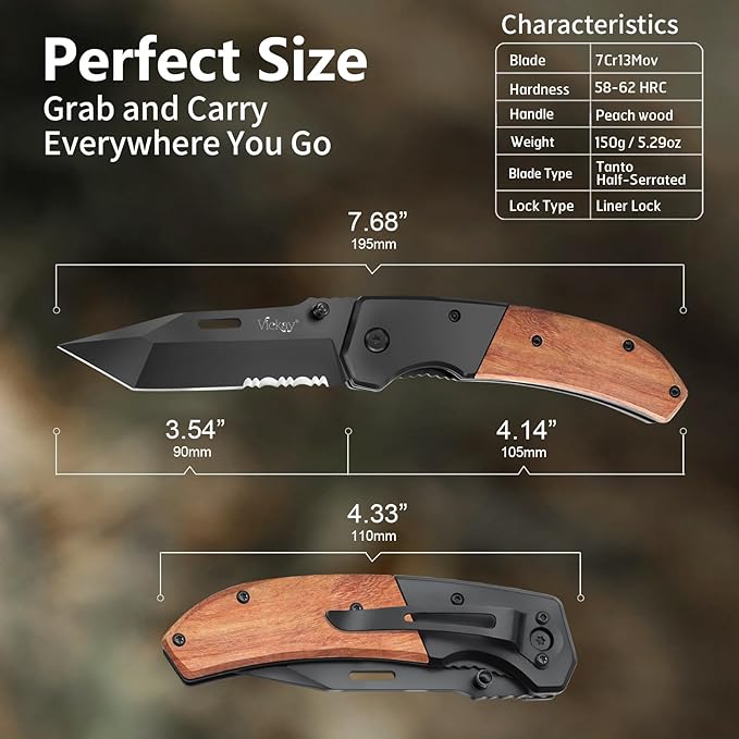 Vickay Pocket Knife Folding Knife with Clip - 3.54″ Black Serrated Steel Blade Wood Handle EDC Knife for Men &amp Women Outdoor Camping Tactical Hunting Hiking Survival - Father’s Day Gift