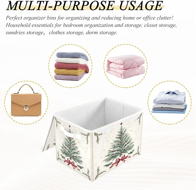 Bolaz Storage Bins with Lids and HandlesRed Ribbon Christmas Tree Storage Box Storage Basket with Cover Collapsible Organizer Containers for Home Closet Shelves
