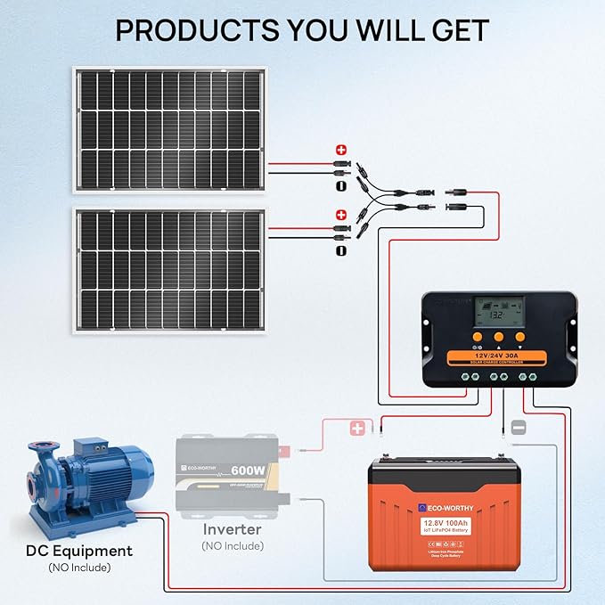 ECO-WORTHY 1.28KWH 200W RV Solar Panel Kit 12v 100ah lifepo4 Battery with Status Display 2PCS 100W Bifacial Solar Panels30A Controller with USB for Garden Home DC-Powered Appliances