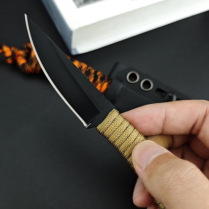 Portable EDC Fixed Blade Knife2.8'' 8Cr13Mov Steel BladeNylon Rope Handle with Kydex Sheath and PocketclipGifts for Men WomenLightweight Full Tang Knives for Camping Hiking Fishing (Khaki)