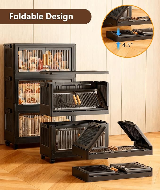 4-Tier Stackable Storage Bins with LidFoldable Plastic Drawer Storage with WheelsCloset Organizers and Storage for Living Room Office Dorm